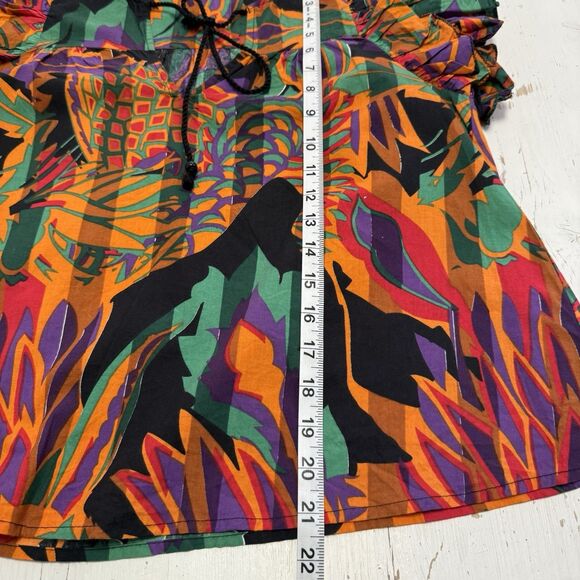 House of Harlow 1960 Top Blouse XS Vibrant Orange Green Ruffle Cap Sleeves - Picture 7 of 10